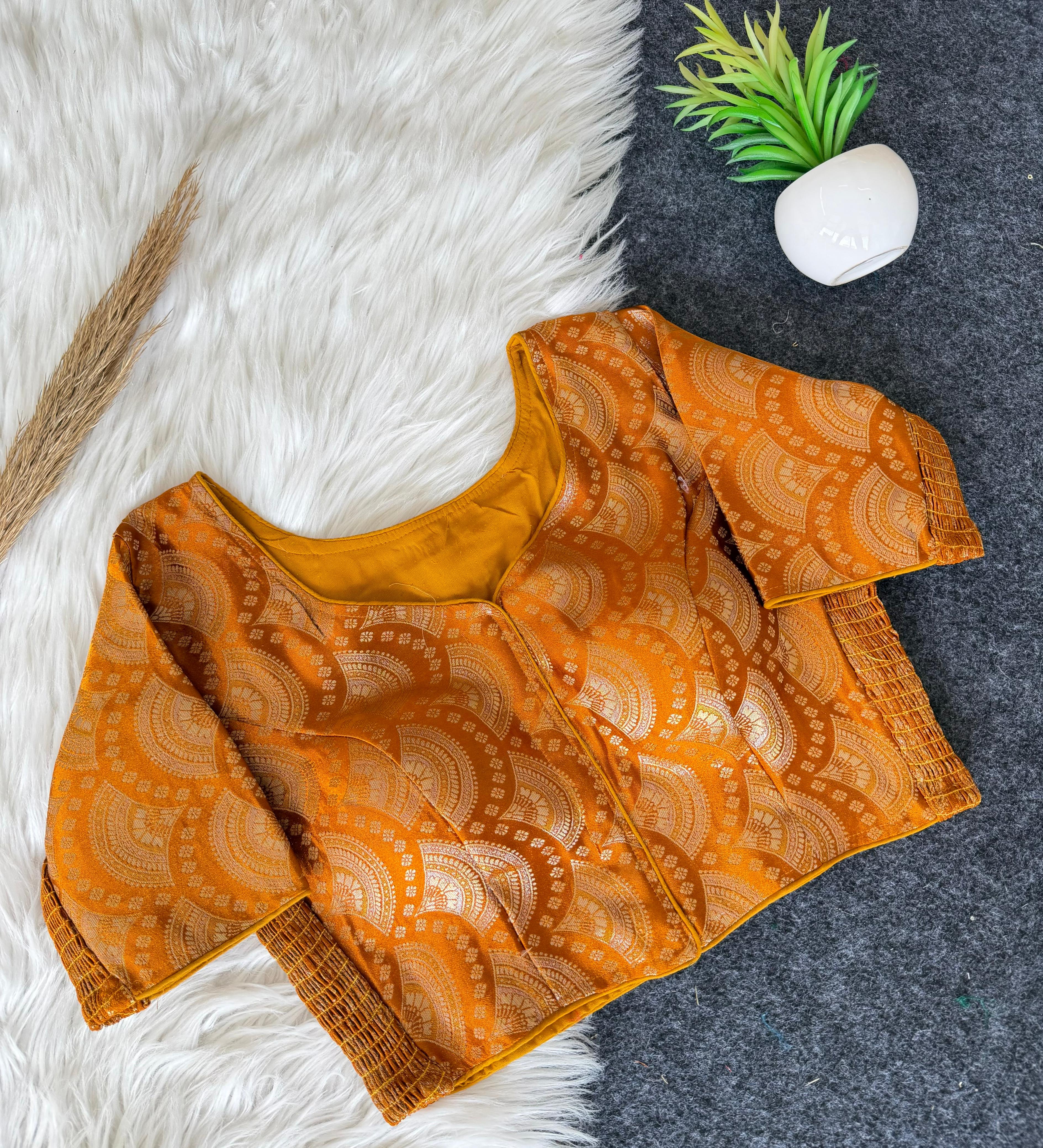 Side Elastic Banarasi Blouse -Mustard Yellow